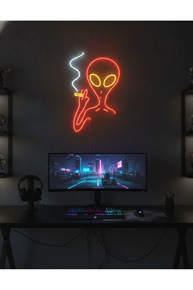 Uzaylı Figürü LED Neon Tablo | Pop Culture Duvar Dekoru | Pleksi Aydınlatmalı Genç Odası Tablosu - 2