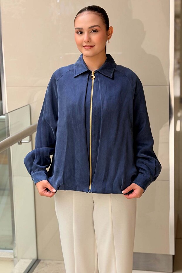 Front Pleated Detailed Zippered Advertized Sleeve Lined Bomber Jacket