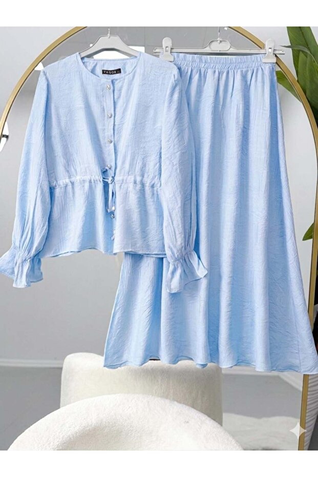 Gathered Sleeves, Belted Waist, Hijab Skirt Set, Blue