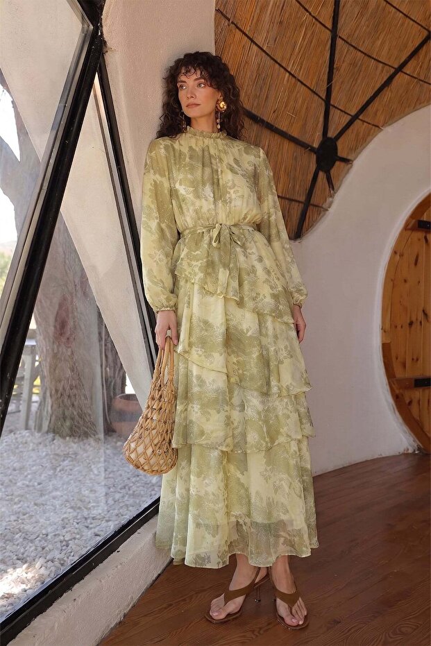 Floral Patterned Layered Chiffon Dress Lemon Mold 9462-E