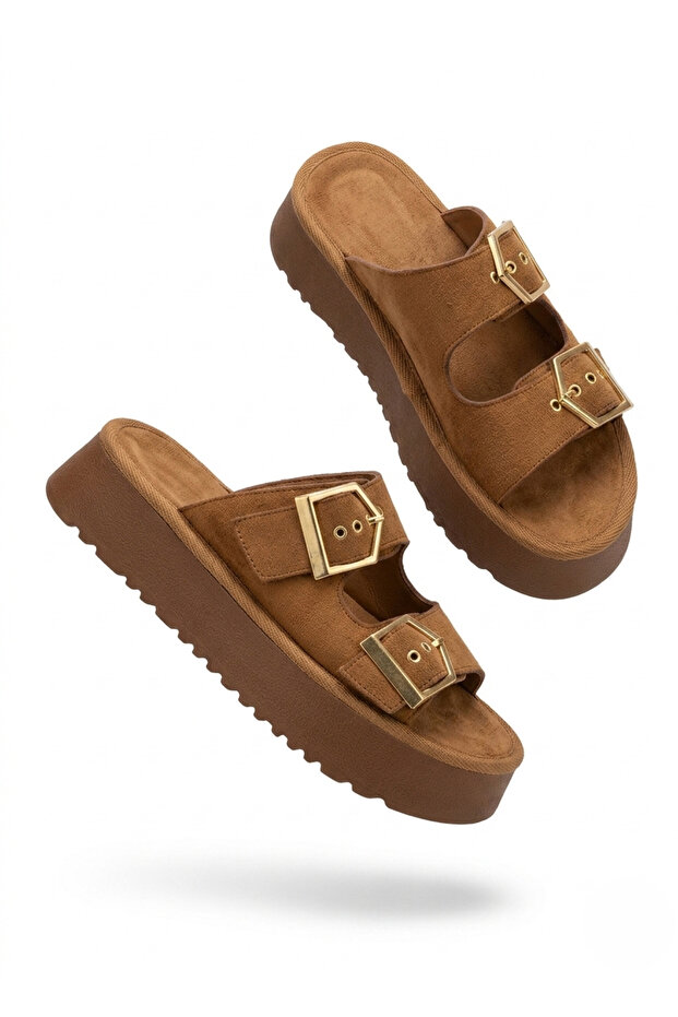 Coer Premium Tan Suede Double Buckle Thick Sole Slippers