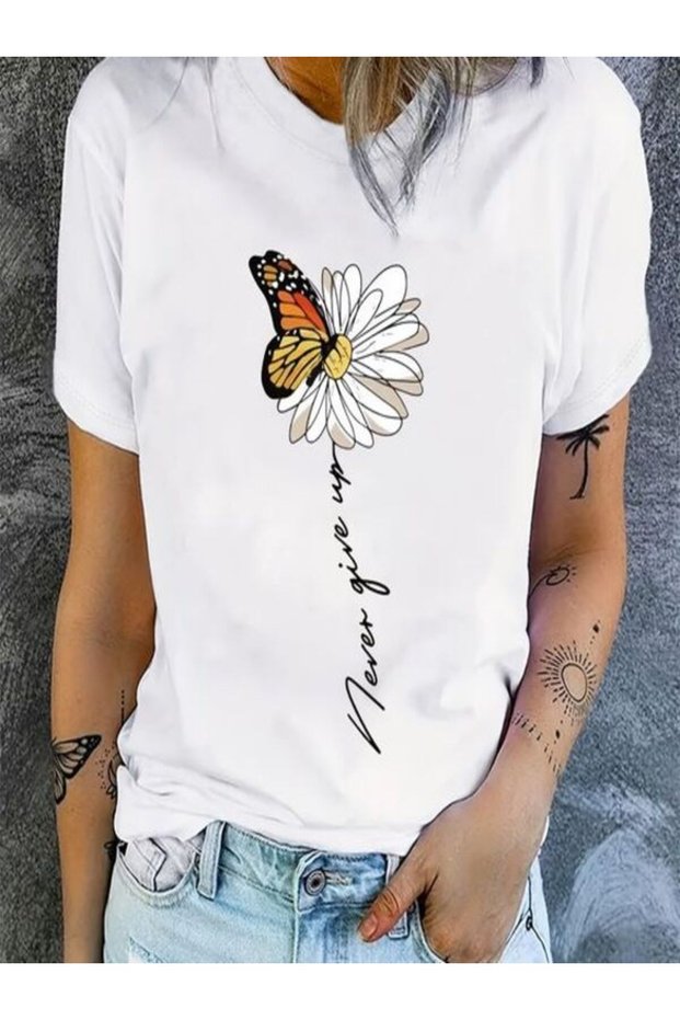 Flower and Butterfly Printed White T-Shirt