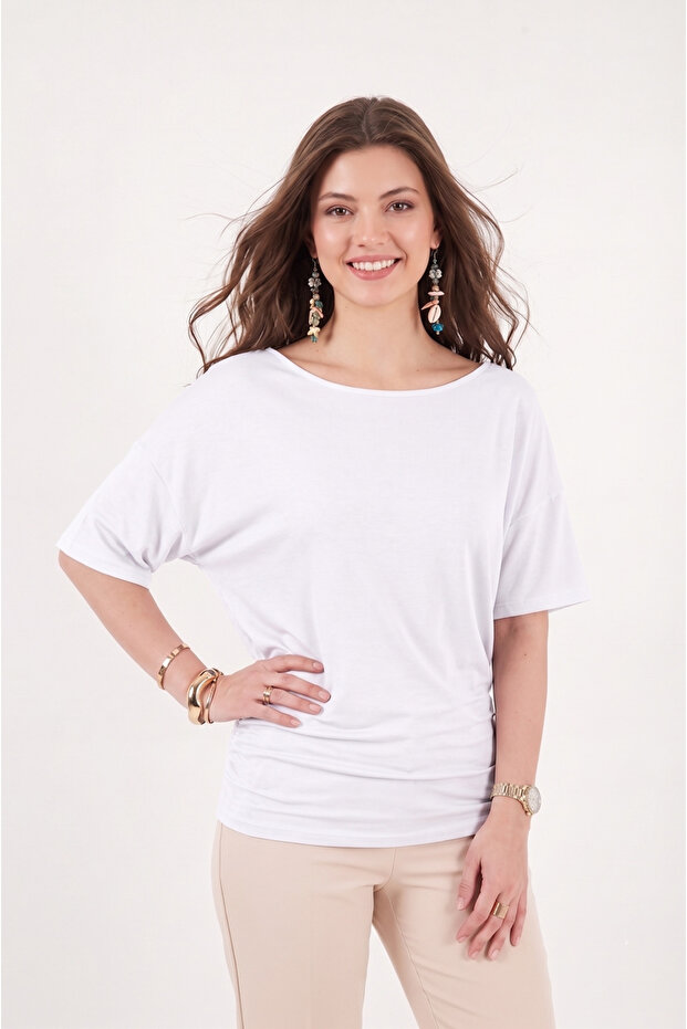 Women's White Drape Detailed Bat Sleeve Blouse App1267