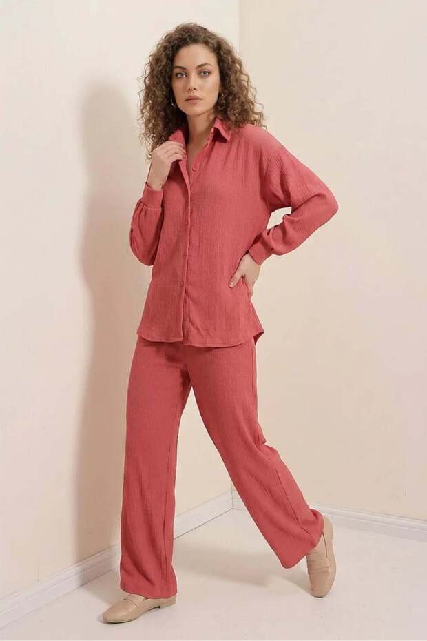 Women's Shirt Collar Oversize Dusty Rose Double Set