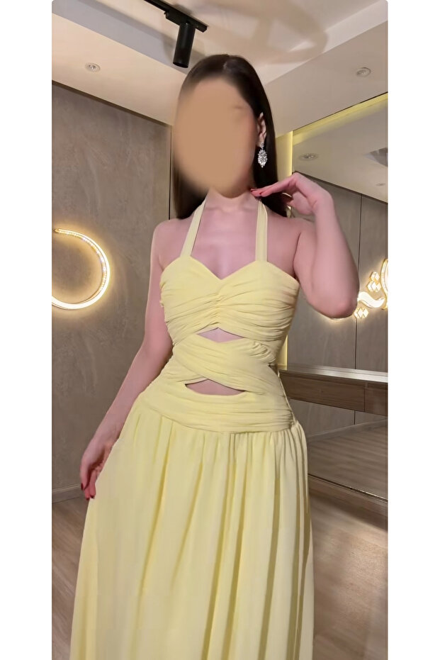 فستان سهرة ليموني شيفون بكسرات أنيقه