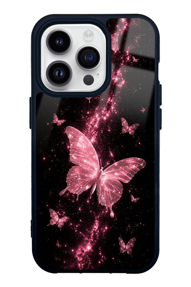 iPhone 14 Pro Pink Galaxy Butterfly Design Glossy Phone Case