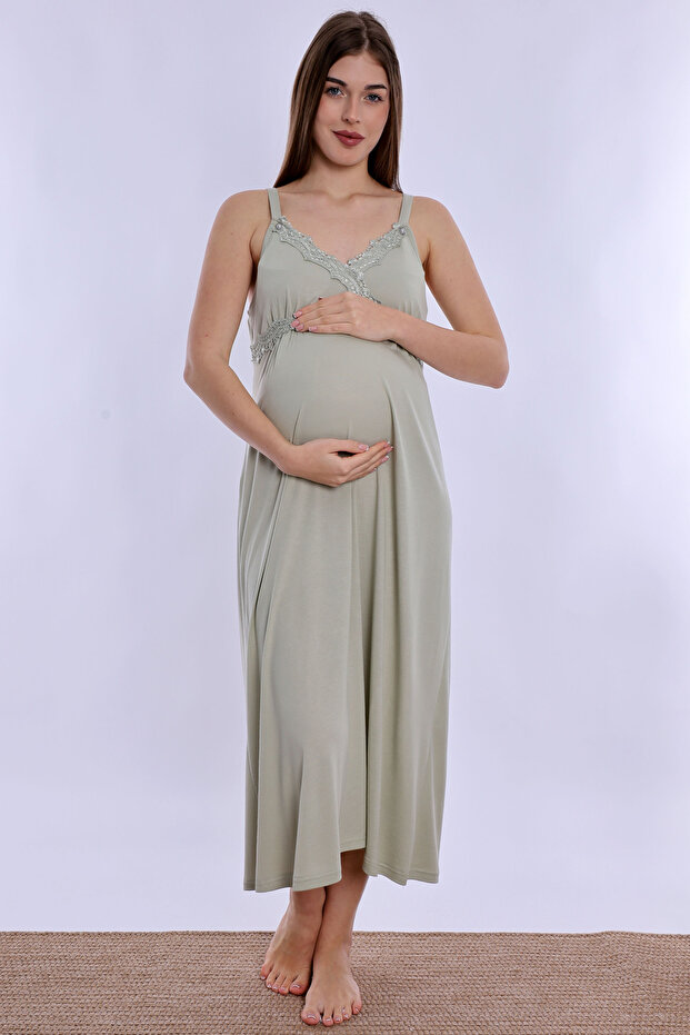Cotton Rope Strap Maternity and Postpartum Nightgown with Breastfeeding Feature Effortt - Green