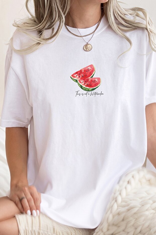 Women's Oversize T-Shirt Watermelon Mood Printed White – Crew Neck, Comfortable Fit, 100% Cotton