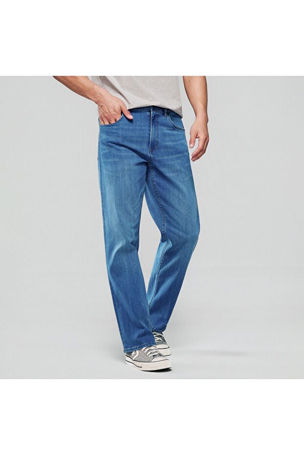 Men Straight Stretch Denim Indigo Jeans