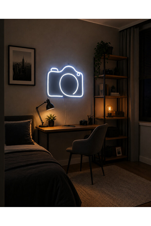 Kamera Figürlü LED Neon Tablo | Beyaz Aydınlatmalı Dekor | Fotoğrafçı Hediyesi - 2