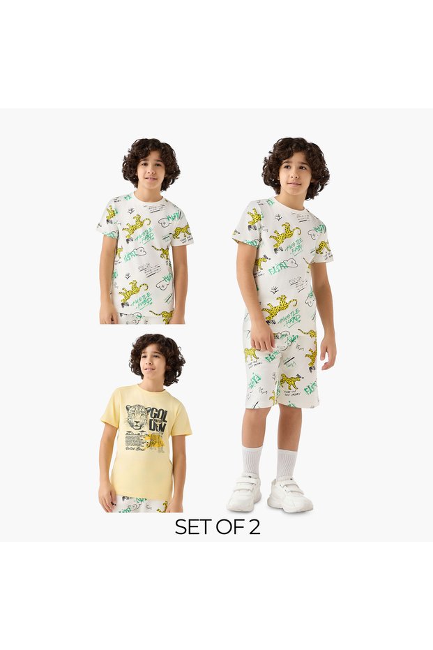 Set of 3 Crew Neck Short Sleeves T-shirt and Shorts Set with Graphic Print
