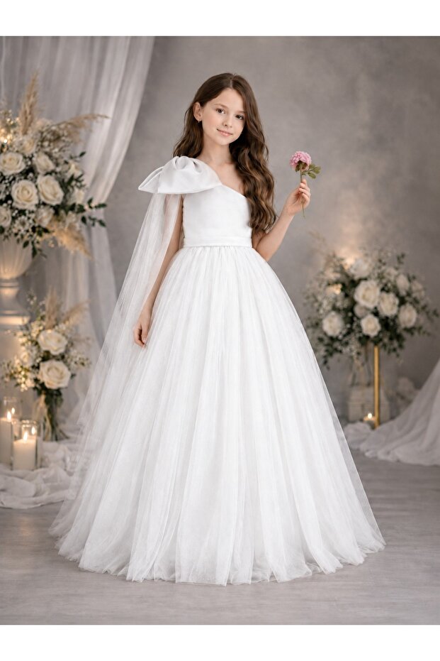 Girl's White One-Shoulder Bow Detailed Puffy Tulle Princess Dress