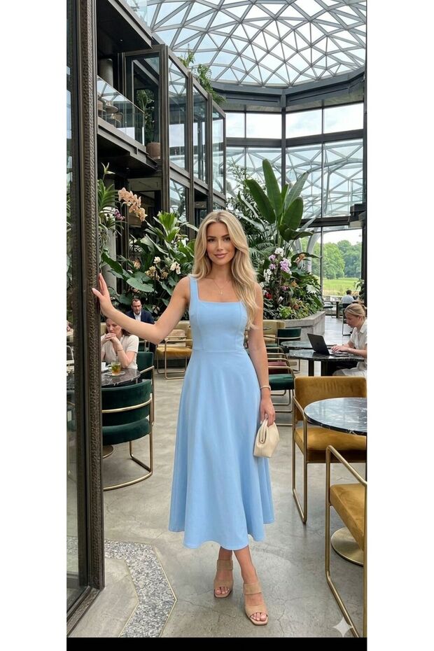 Women's Thick Strap Square Neck Midi Length Flared Dress