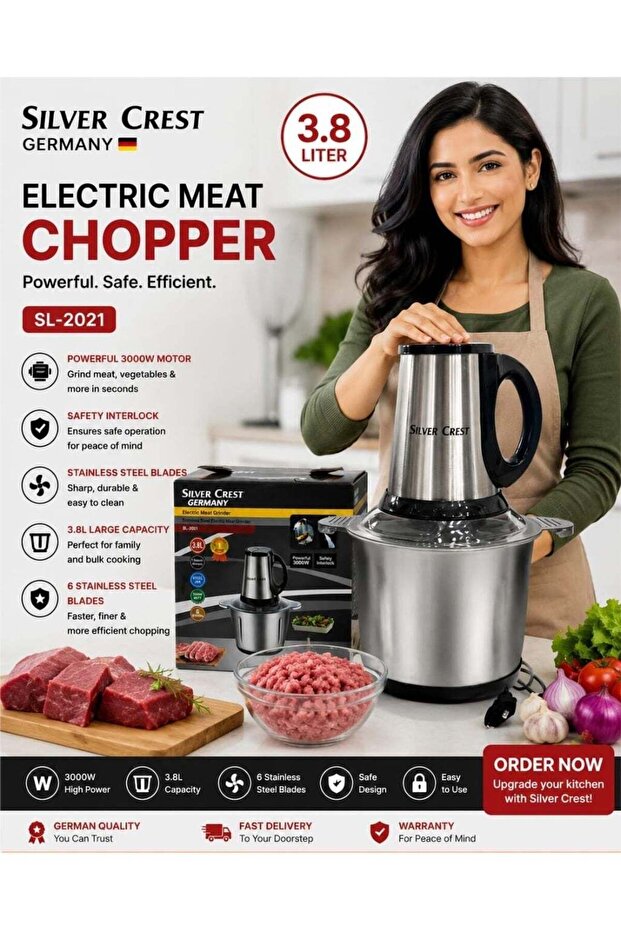 Electric Meat Chopper Food Grinder 3.8L Stainless Steel Bowl 3000W High Power Motor 6 Blade Design Multipurpose Processor
