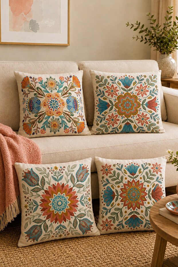 Artistic Flowers Patterned 4-Piece Throw Pillow Cover Set