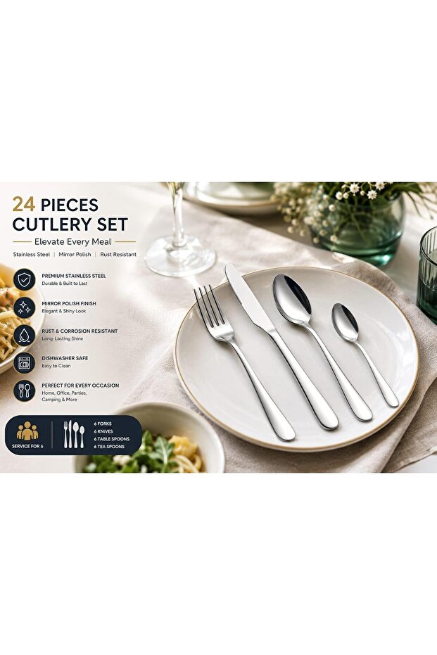 Mariyab 24 Pieces Cutlery Set, Stainless Steel Basic Flatware Cutlery Silverware for Home/Office/Party/Camping, Knife Fork Spoon Eating Utensils Set Service for 6