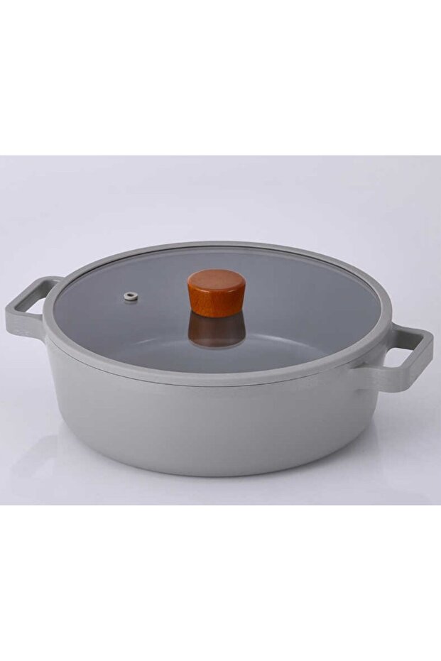 Fika Ceramic Coated Aluminum Cast Shallow Pot with Glass Lid 30 cm - Gray