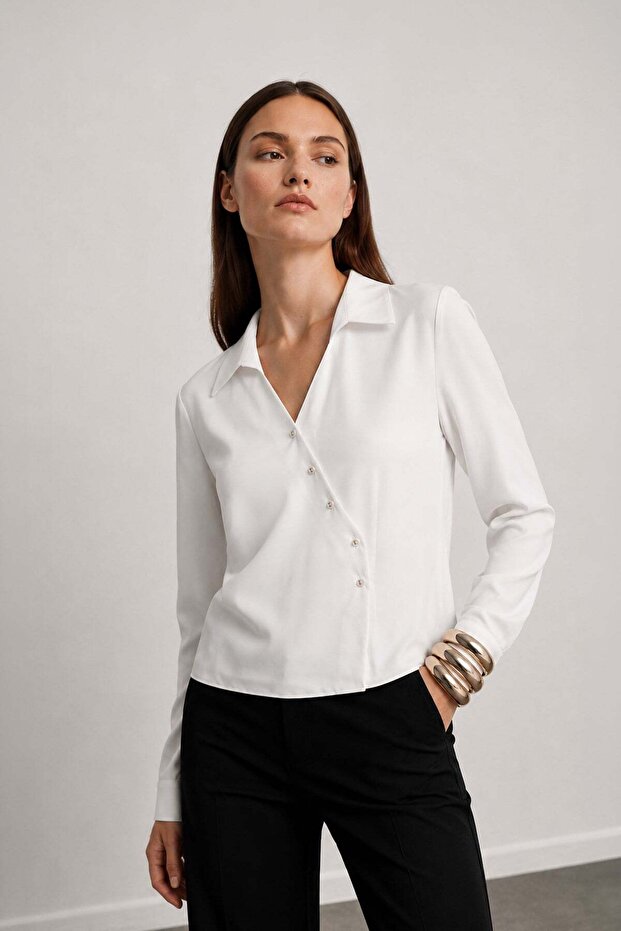 Ecru Button Detailed V-Neck Blouse