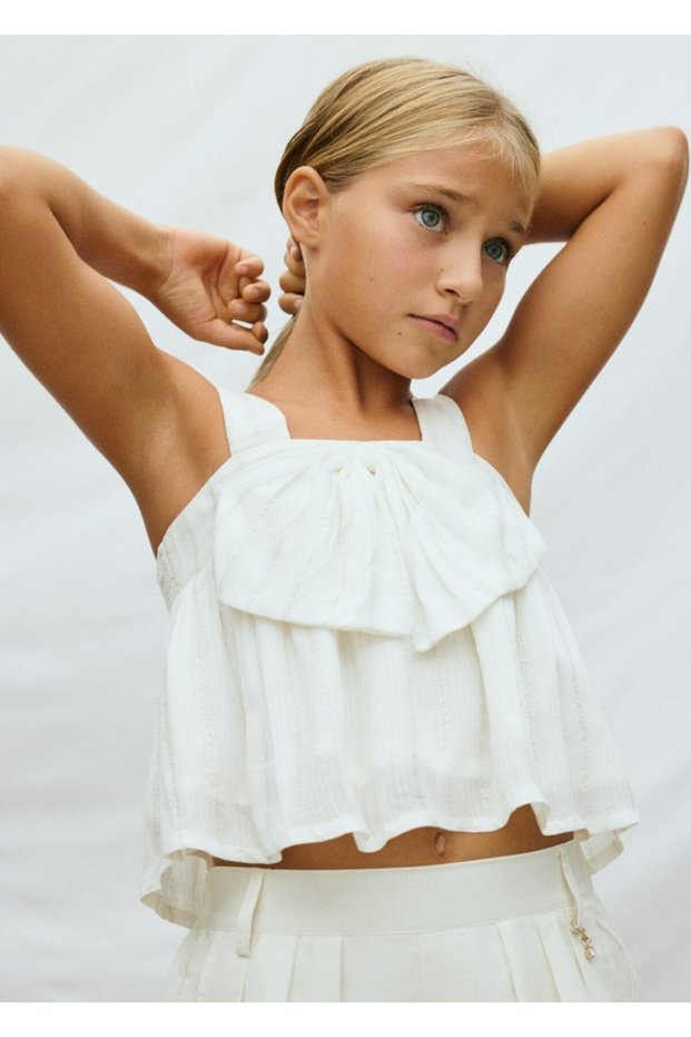 Girl's White Strappy Crop Tshirt with Bow Detail