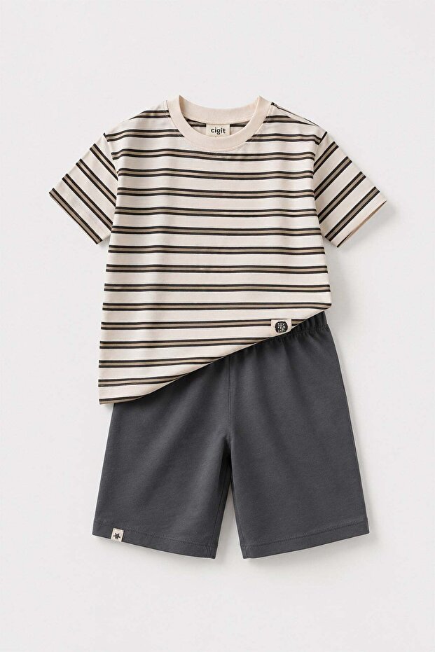 Striped Basic Capri Set 1-5 Years Anthracite Mink Striped