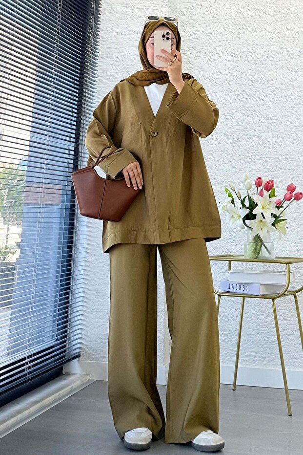 Premium Single Button Modal Trouser Suit - Oil Green