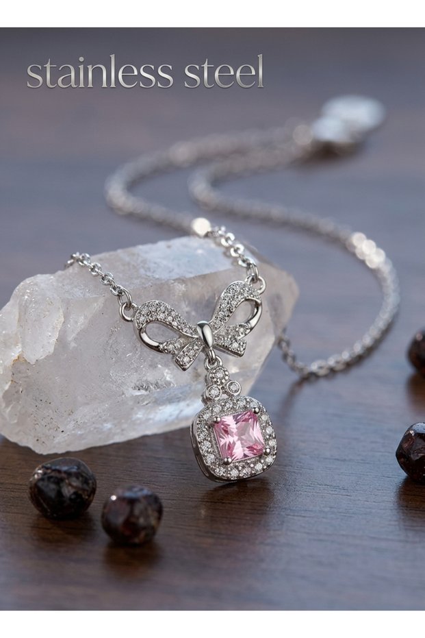 316L Steel Silver Color Bowknot Detail Pink Zircon Stone Solitaire Detail Necklace