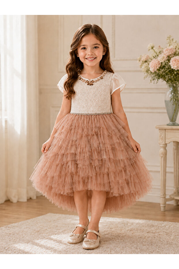 Girl's Lycra Tulle Sleeves Short Front Long Back Evening Dress Birthday, Special Occasion, Wedding 2-9 Years Old