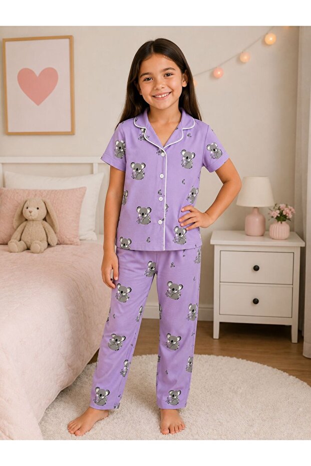 Girls' Summer Milan Fabric Koala Pattern Trim Detail Shirt Collar Short Sleeves Pajama Set