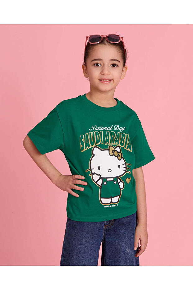 Girls Green Hello Kitty Placement Print T-Shirt