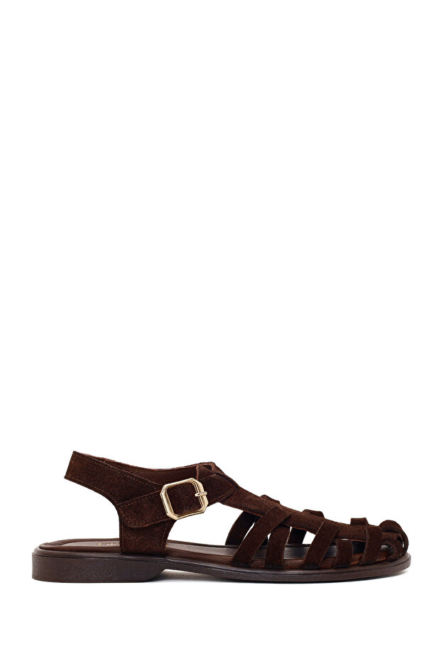 Women's Brown Ankle Buckle Suede Leather Sandals 26Sfd351110