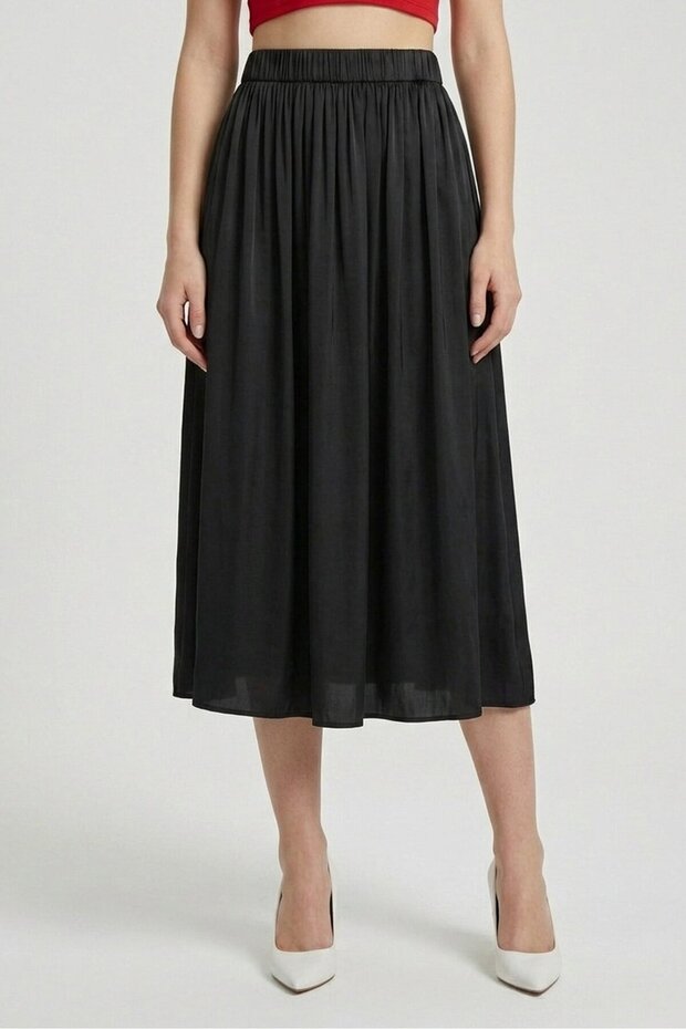Women Pleated Midi Skirt, Black