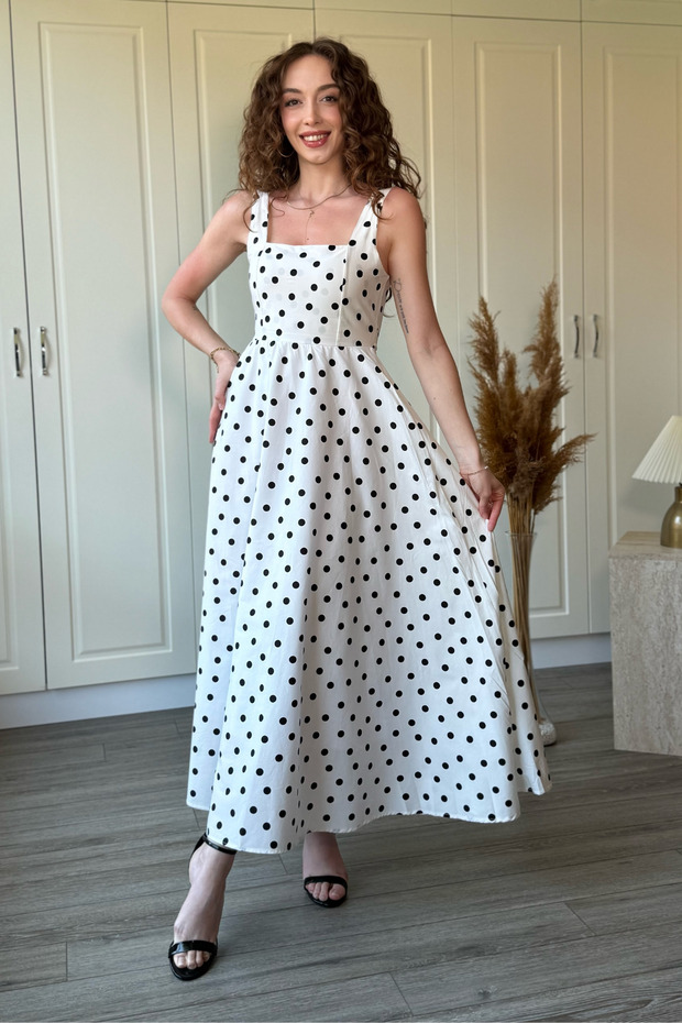 Square Collar Poplin Fabric Midi Flared White Polka Dot Dress with Scarf Detail on the Back