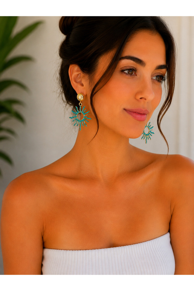 Turquoise Sun Figured Dangle Earrings – Gold Detailed Summer Themed Women's Earrings
