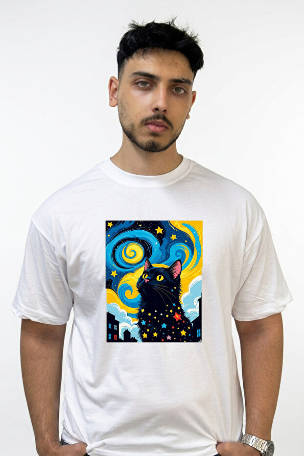 Cat Starry Night Design Printed Oversize White T-Shirt