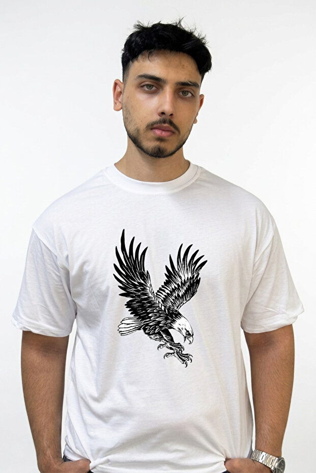 Swooping Eagle Design Printed Oversize White T-Shirt