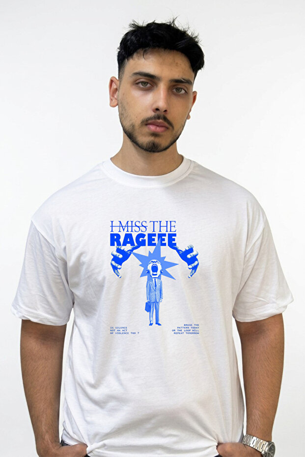 Raging Businessman Design Printed Oversize White T-Shirt