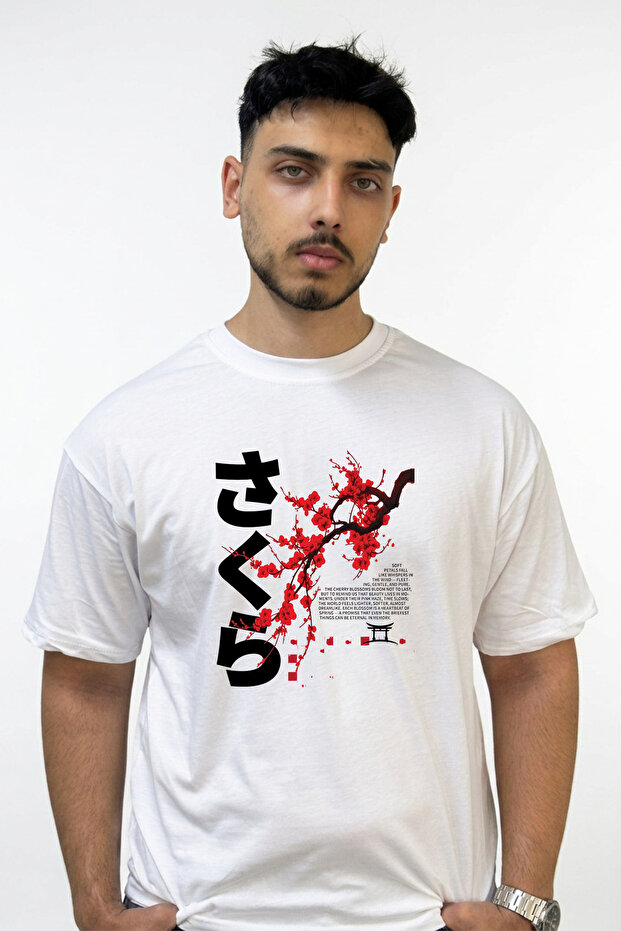 Sakura Torii Design Printed Oversize White T-Shirt