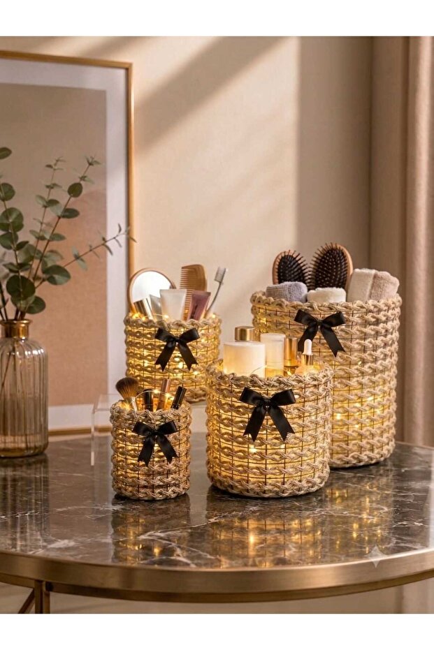 Wicker Weave Led Lighted Metal Wire Decorative Basket Set 4 Piece Organizer Jute Basket