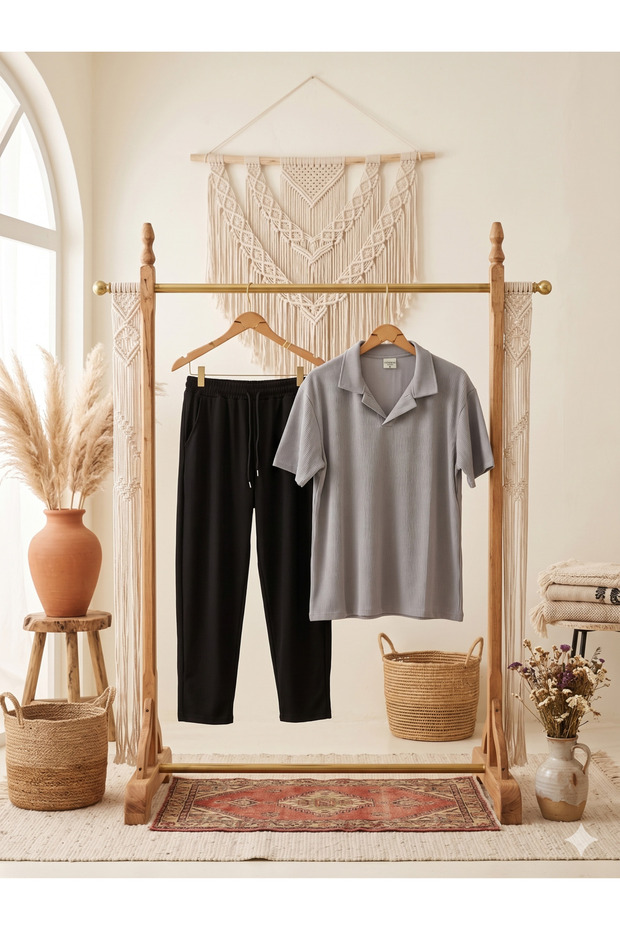 Men's Ottoman Patched Polo Collar and Sweatpants 2-Piece Set