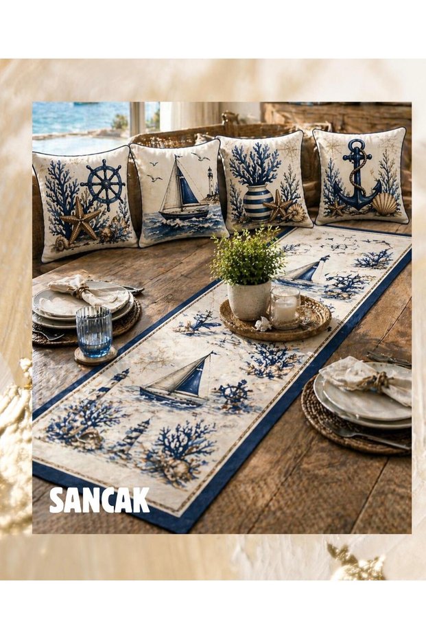 Sancak Patterned 4-Piece Cushion Runner Set in Velvet Rashell Fabric