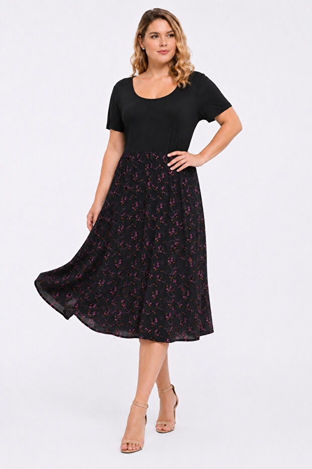 Women's Large Size Black, Floral Pattern, Knitted Viscose Fabric, Short Sleeve Dress 65N39566