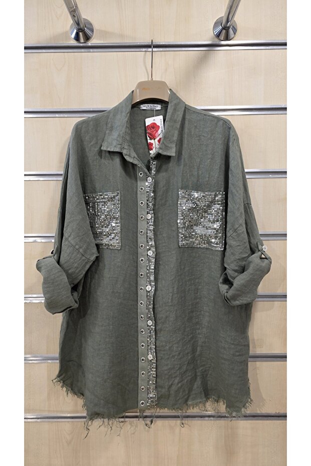 Italian Linen Shirt with Sequin Pocket Detail, Oversized Cut