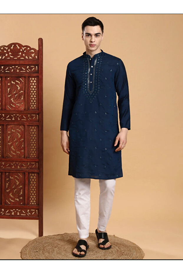 Mens Thread & Mirror Work Modal Silk Kurta Set