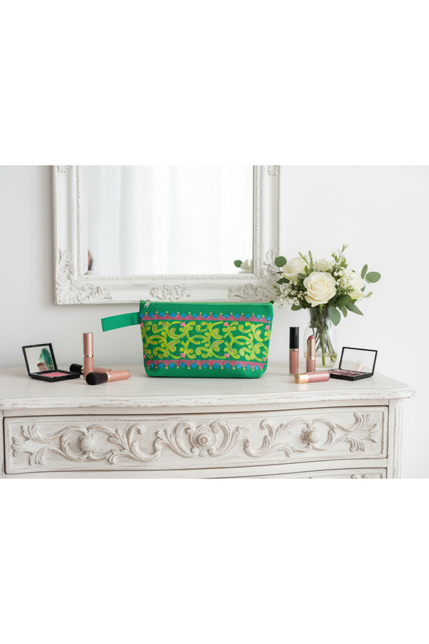 Green Vine Hand-Painted Canvas Pouch