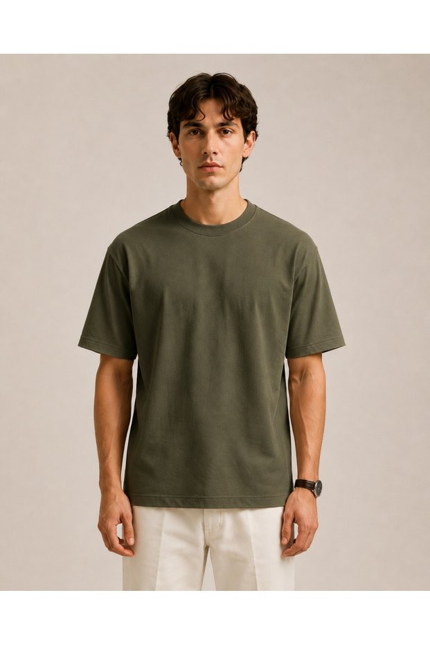 Men's Oversize Fit Cotton Crew Neck Khaki T-Shirt