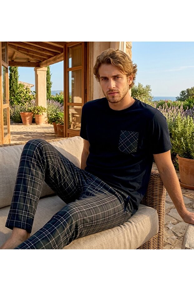 Men's Short Sleeve Long Plaid Pattern 100% Cotton Pajama Set
