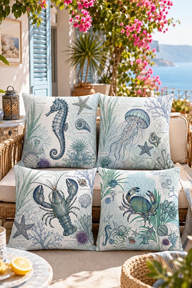 Sea Creatures Patterned 4-Piece Throw Pillow Cover Set