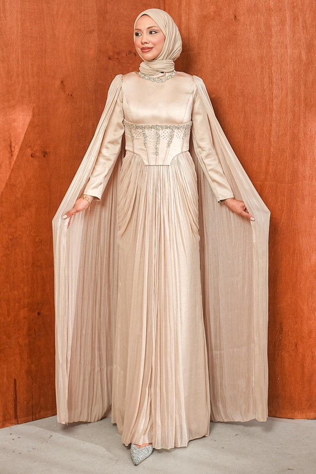 Beige Stone Embroidered Corseted Pleated Evening Dress