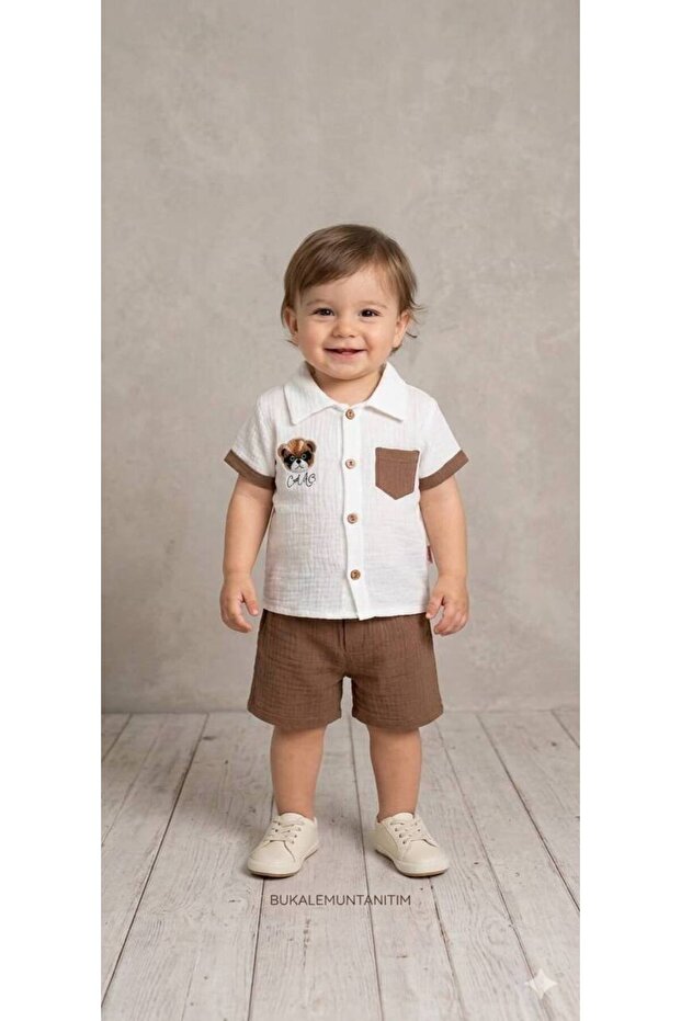 Baby Buttoned Collar Muslin Fabric Shorts Set