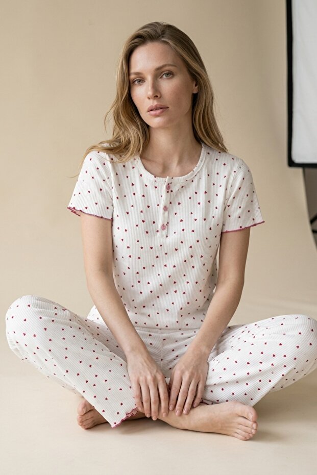 Women's Ecru Heart Ribbed Short Sleeve Pajama Set